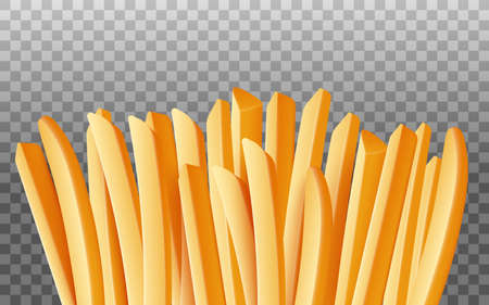 Fast food salty snack, tasty french fries. Yellow delicious potato sticks, chips cooked in deep fat fry oil. Vector realistic 3d illustration isolated on transparent background.のイラスト素材