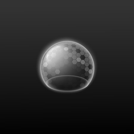 Bubble shield or energy field sphere with honeycomb cells, realistic vector illustration isolated on black background. Polygonal energy or defense protective shield.のイラスト素材