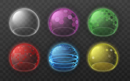 Color bubble shields. Set of protection force energy fields, glowing transparent spheres, safety barriers with pattern. Vector isolated realistic 3d illustrations.のイラスト素材