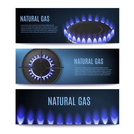 Gas burner rings on dark background with hot blue flame natural gas. Three horizontal banners with glowing fire of heat equipment or domestic kitchen stove. Vector illustrations.のイラスト素材