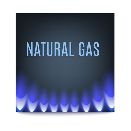 Square poster with hot glowing blue flame of gas burner on dark background. Natural gas for heat equipment or domestic kitchen stove. Vector illustration with letteringの写真素材
