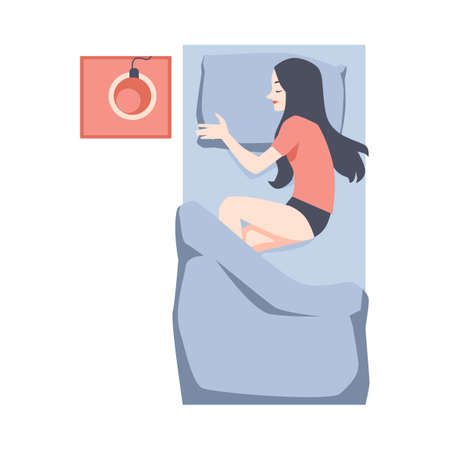 Young woman sleeping on sleeping on her side in bed under blanket, flat vector illustration isolated on white background. Pretty girl sleeping in comfortable position.のイラスト素材