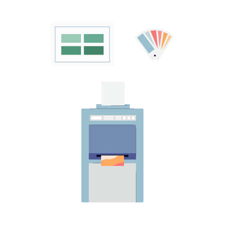 Typography print plotter machine and pages of color examples, flat vector illustration isolated on...