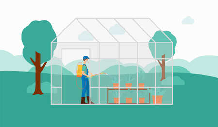 Farmer spraying pesticides on plants in a greenhouse, flat vector illustration. Destruction of pests to increase yields and care for crops in agriculture.のイラスト素材