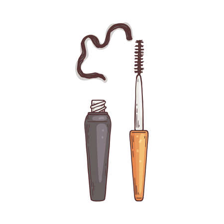 Open tube of mascara with brush, hand drawn sketch vector illustration isolated on white background. Decorative cosmetic product for womens eye makeup.のイラスト素材