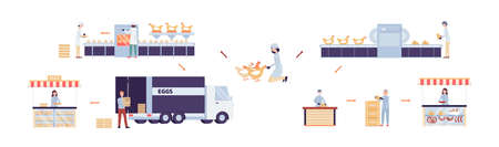 Chicken factory. Agricultural breeding, growth and feeding of poultry for eggs and meat. Production, packaging, delivery and sale of natural fresh farm food. Vector infographics.のイラスト素材