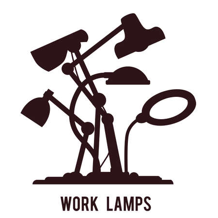 Card or poster with black silhouettes of desktop work lamps, flat vector illustration isolated on white background. Workplace desk lamps in various shapes.のイラスト素材