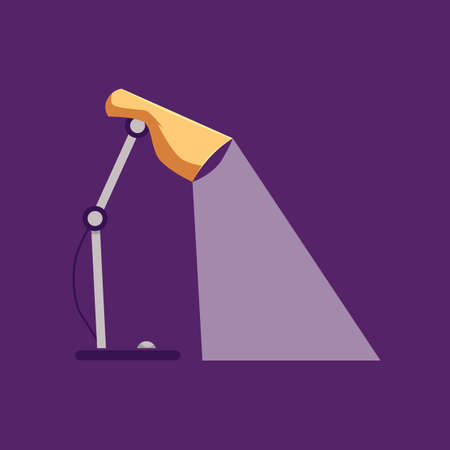 Yellow electric desk lamp with a beam of light, flat vector illustration isolated on dark purple background. Table lamp with turned on bulb lighting a workspace.のイラスト素材