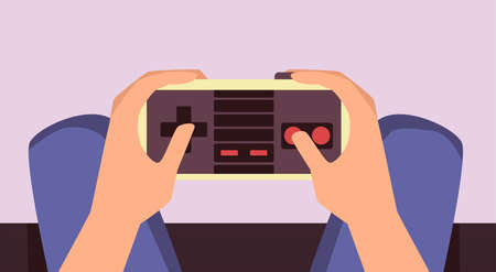 Game controller in gamer hands, joystick, console device for play in computer video games. Entertainment at leisure or in quarantine. Flat cartoon vector illustration.のイラスト素材