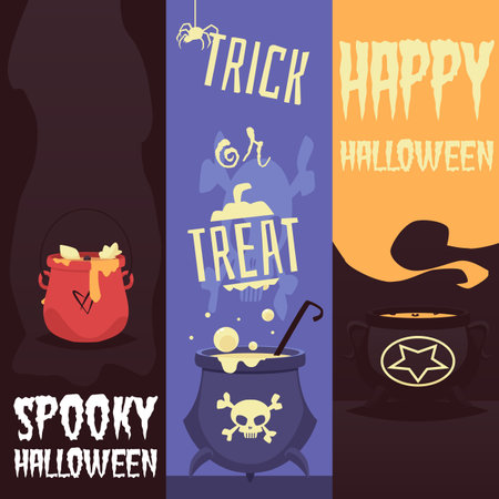 Happy Halloween vertical banner set - spooky cartoon witch cauldronのイラスト素材