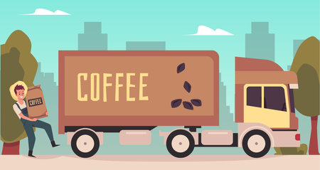 Man farmer loading canvas sacks with coffee beans in truck a vector illustrationのイラスト素材