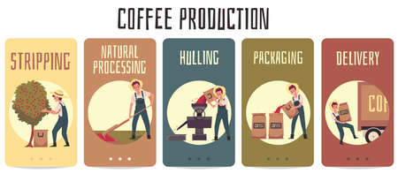 Process stages coffee production on agriculture farm a set vector illustrations.のイラスト素材