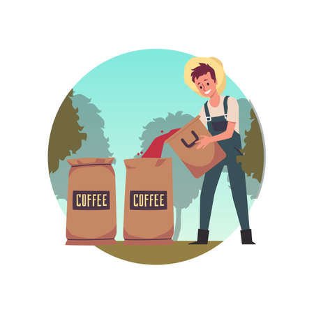 Circle banner on topic of coffee production flat vector illustration isolated.のイラスト素材