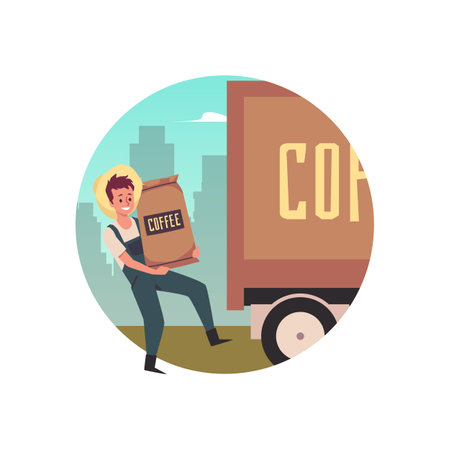 Vector flat illustration of man farmer loading sacks with coffee beans in truck.のイラスト素材