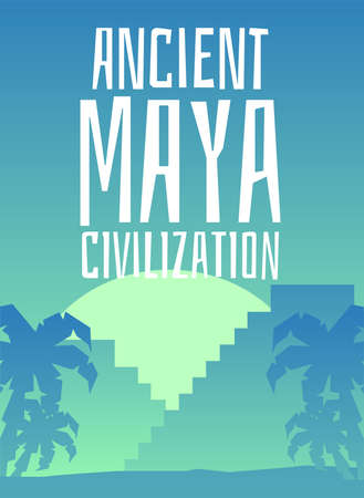 Vector poster with ancient mayan stone pyramids with stairs and temple on top.のイラスト素材
