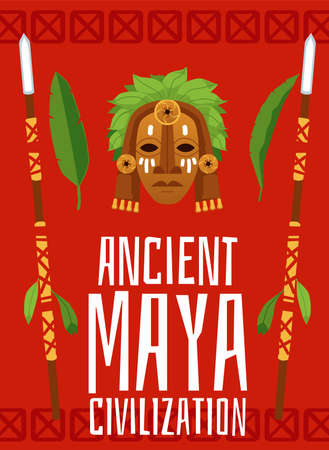 Ancient Maya civilization poster - traditional cartoon wooden maskのイラスト素材
