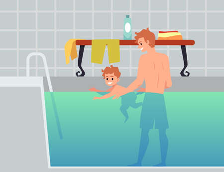 Father and child in swimming pool learning to swim, flat vector illustration.のイラスト素材
