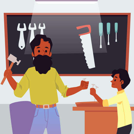 Father teaching his son to do woodwork and carpentry, flat vector illustration.のイラスト素材