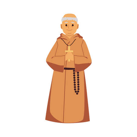 Catholic monk in religious robe holding a cross - cartoon old manのイラスト素材