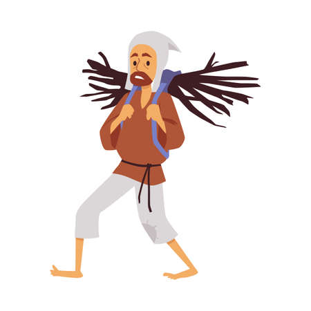 Medieval picker of brushwood, peasant with bundle firewood a vector illustrationのイラスト素材