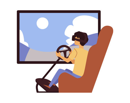 VR race game on TV screen and cartoon man in virtual reality glassesのイラスト素材