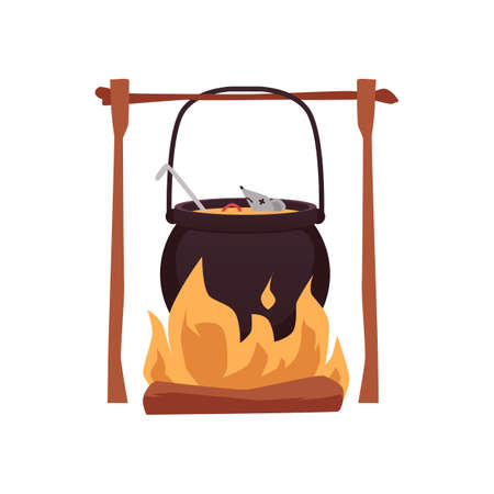 Witch cauldron cooking dead mouse on fire isolated on white backgroundのイラスト素材