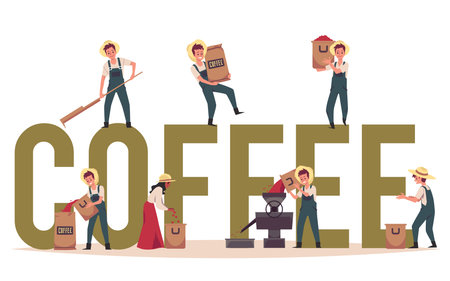 Banner with big Coffee word and tiny farmers flat vector illustration isolated.のイラスト素材
