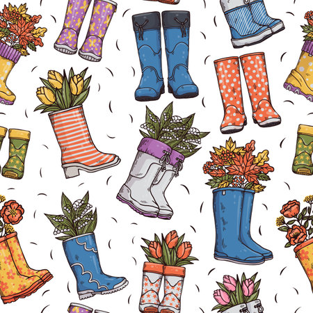Colorful seamless pattern with wellies rubber boots, spring and autumn bouquets.のイラスト素材