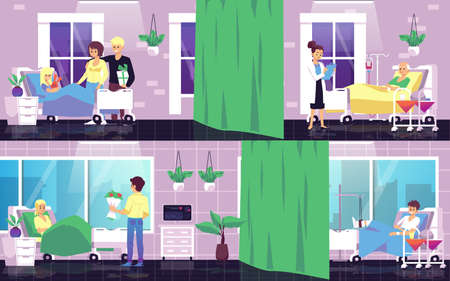 Hospital ward with patients, relatives and doctors, flat vector illustration.のイラスト素材