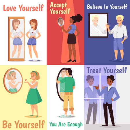 Concept of self acceptance and body positive a set of vector flat cartoon cards.のイラスト素材