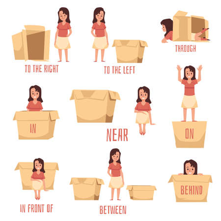 English preposition of place and direction, flat vector illustration isolated.のイラスト素材
