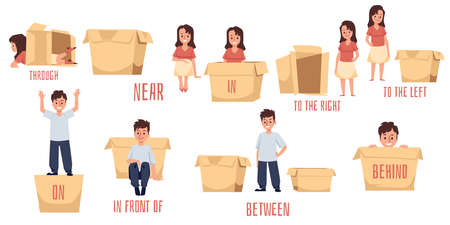 Prepositions place and direction on English, flat vector illustration isolated.のイラスト素材