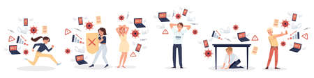 Worried upset people characters feeling stress of information overload, flat vector illustration isolated on white background. Banner with modern stressed people.のイラスト素材