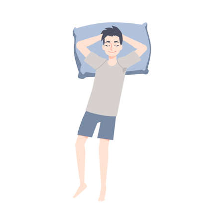 Young man sleeping in sleep position on back a vector flat isolated illustrationのイラスト素材