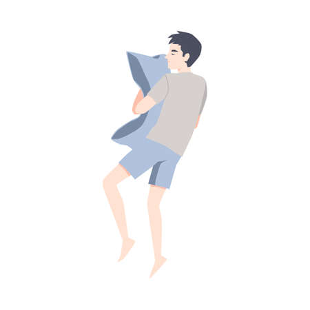 Cartoon man sleeping and hugging a pillow. Sideways bed sleep positionのイラスト素材