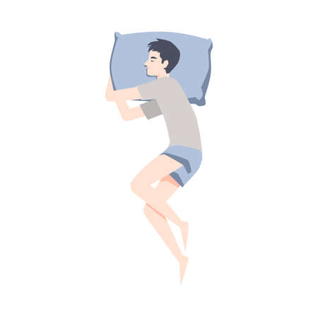 Top view on young man sleeping pose on side a vector flat isolated illustration.のイラスト素材