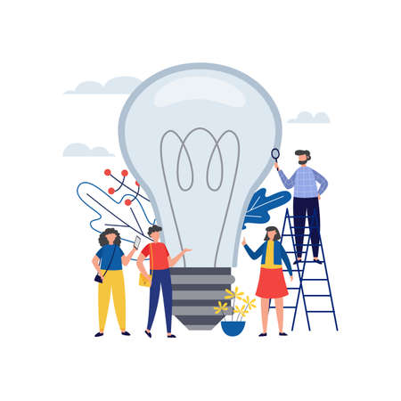Group of people look at an electric light bulb a vector illustrationのイラスト素材