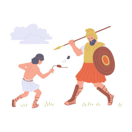 Old Testament bible David and Goliath, flat vector illustration isolated.のイラスト素材