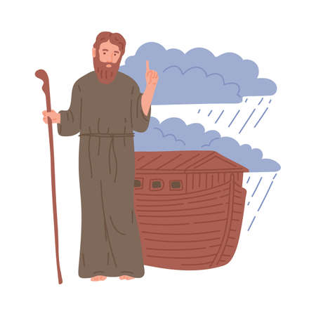 Old Testament bible story of Noah and his ark flat vector illustration isolated.のイラスト素材
