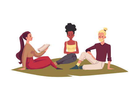 Group of young students sitting on grass, flat vector illustration isolated.のイラスト素材