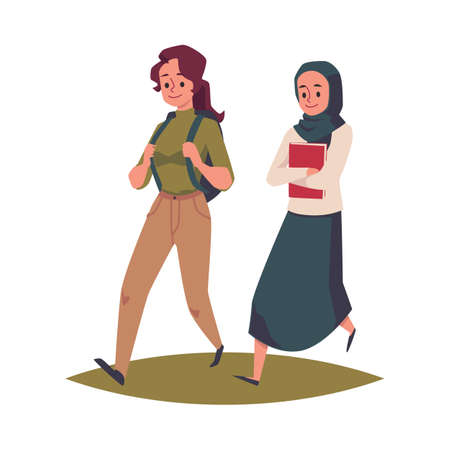 Happy female students with books and backpacks walking on college campusのイラスト素材