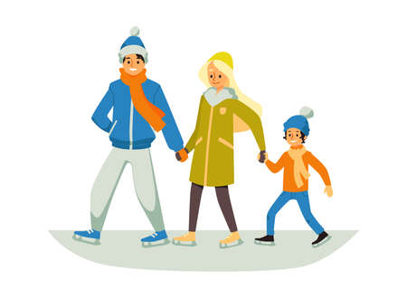Married couple with baby on the ice rink, flat vector illustration isolated.のイラスト素材