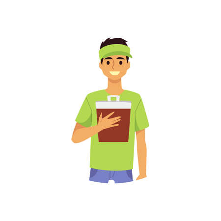 Male character of fast food worker, flat vector illustration isolated.のイラスト素材