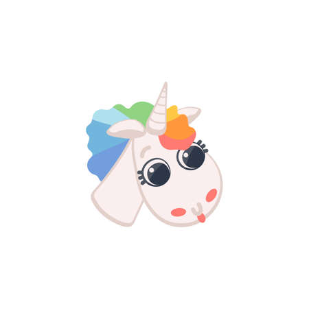 Cute cartoon unicorn, head of fantasy magic horse with horn and rainbow mane.のイラスト素材
