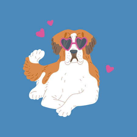 Saint bernard breed dog with glasses in shape heart a vector flat illustrationのイラスト素材