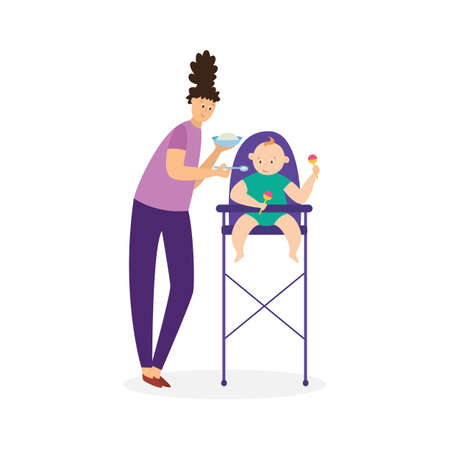 Mother feeds her child with a spoon, flat vector illustration on white.のイラスト素材