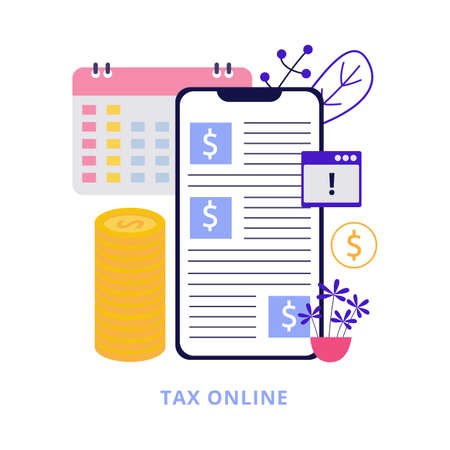 Tax online app with tax form on mobile phone, flat vector illustration isolated.のイラスト素材