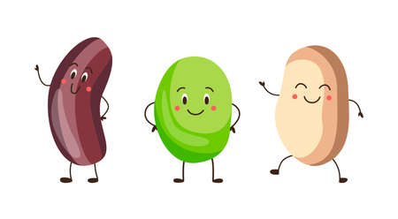 Set of pea and kidney beans cartoon characters, vector illustration isolated.