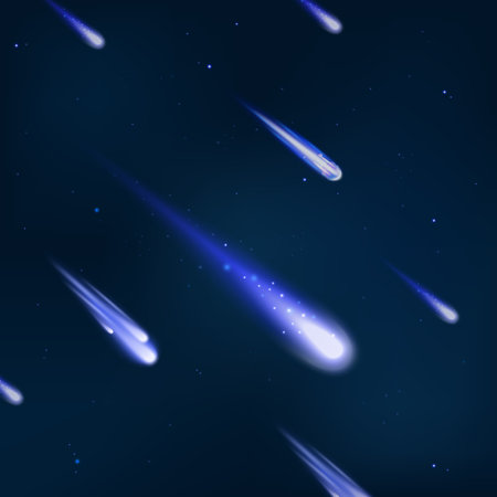 Falling meteors or comets on cosmic sky backdrop, realistic vector illustration.