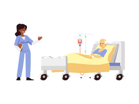 Doctor and elderly patient at hospital room, flat vector illustration isolated.のイラスト素材